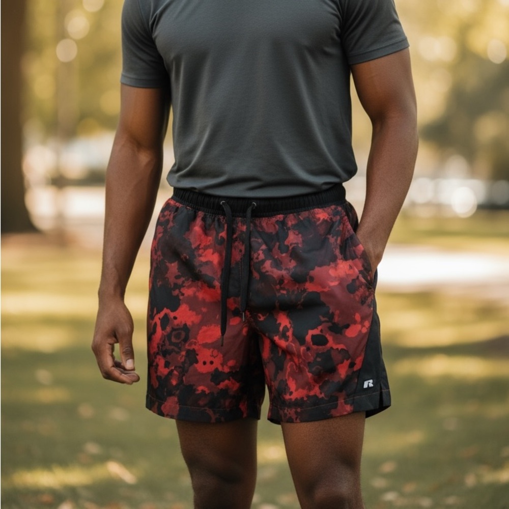 Russell Athletic Red & Black Camouflage Athletic Shorts Men’s Size Medium